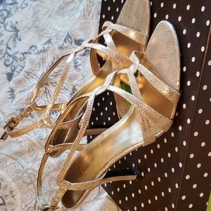 LAST CALL MUST GO Kelly and Katie Knockin Strappy Gold Heels size 9.5